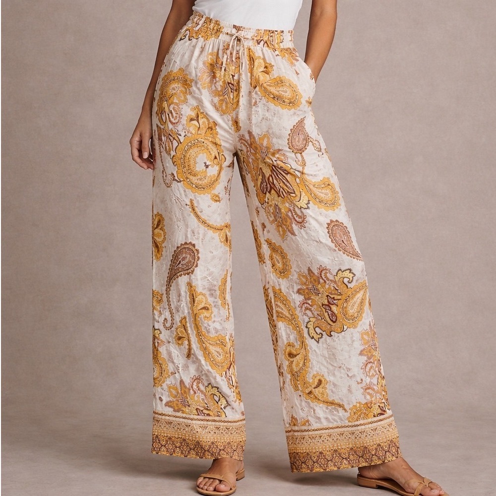 Magaschoni Womens XS/TP Paisley Print Wide Leg Viscose Pants Boho Chic Z1